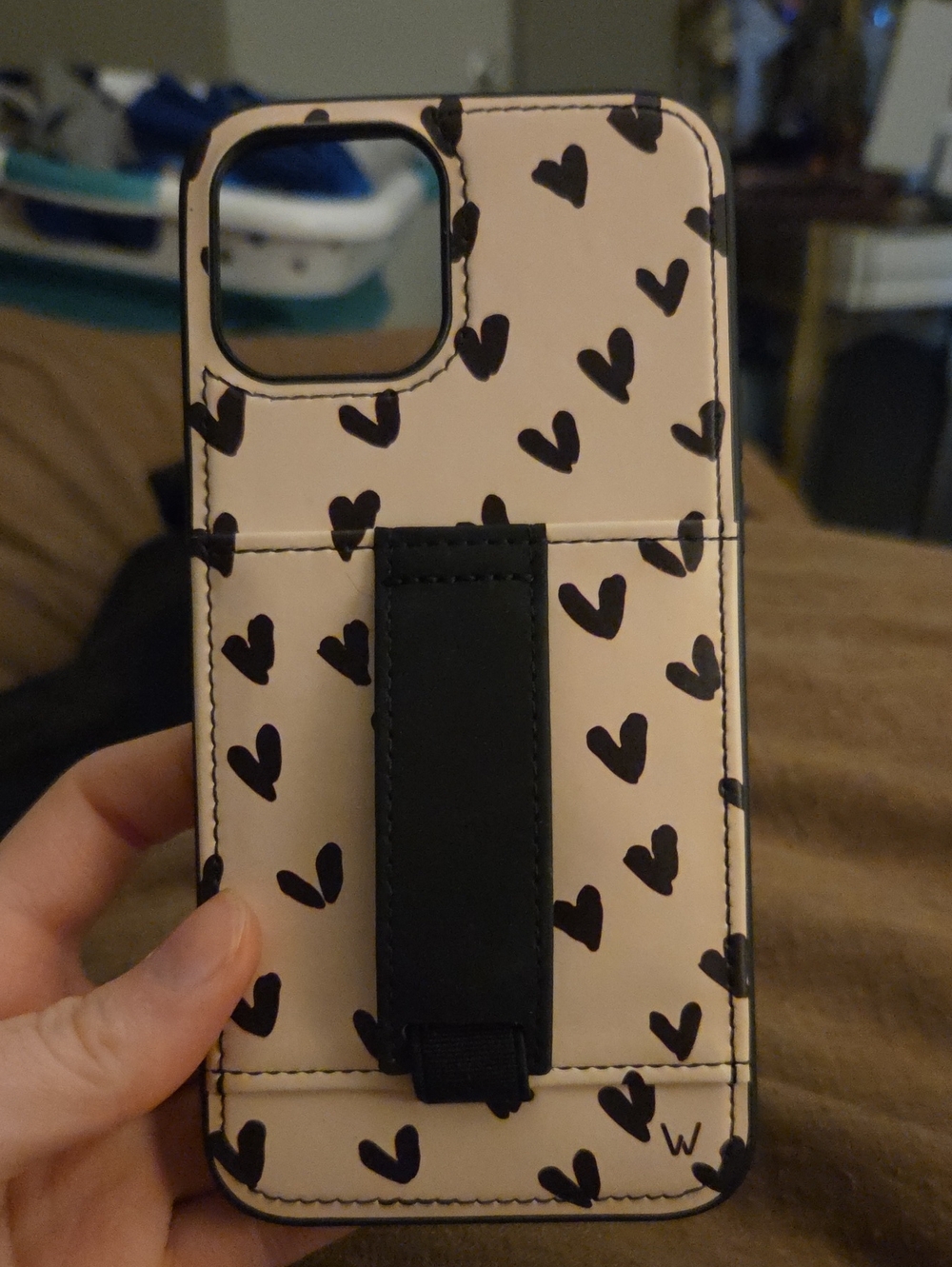 Pink Heart Print IPhone 12pro Max Case with Black Grip Strap
